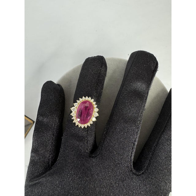 8.94 CTW Vintage Style No-Heat Burmese Ruby & Diamond Halo Ring 18k Yellow Gold, Size 7 For Sale - Image 12 of 12