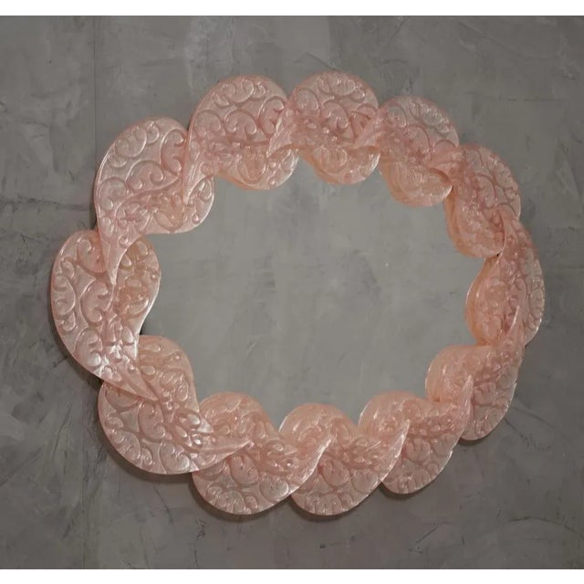 Mid-Century Murano Oval Pink Art Glass and Brass Italian Wall Mirror, 2000s For Sale - Image 9 of 9