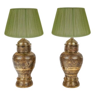 Early 20th Century Anglo Indian Carved Brass Urn Lamps - Pair For Sale