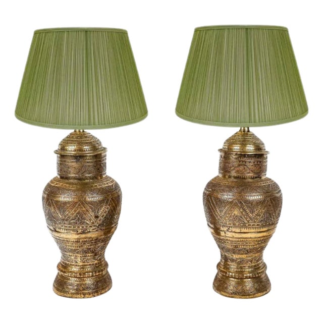 Early 20th Century Anglo Indian Carved Brass Urn Lamps - Pair For Sale