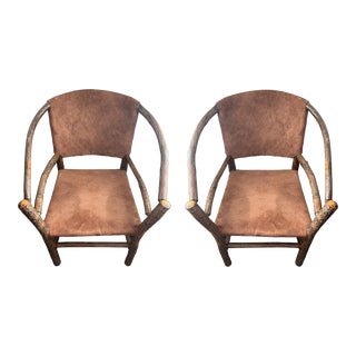 Old Hickory Chairs in Brown Suede Leather - Pair For Sale