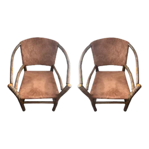 Old Hickory Chairs in Brown Suede Leather - Pair