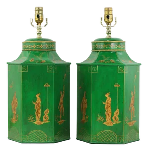 Pair of Vintage British Chinoiserie Green and Gold Hexagonal Hand-Painted Tole Tea Jar Table Lamps