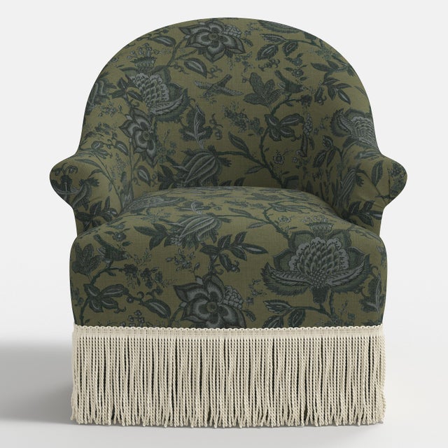 Spritely Home Cecile Ivory Fringe Swivel Chair in Prairie Floral Moss Blue For Sale - Image 4 of 7