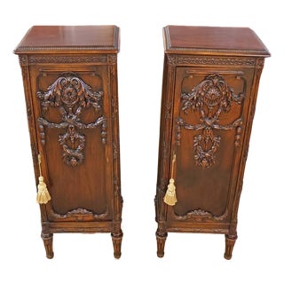 Pair of Mahogany Carved Adam Style Pedestal Cabinets Circa 1920's For Sale