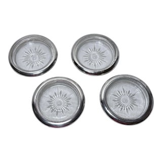Vintage Sunburst Glass Coasters With Silver Tone Rim – Set of 4 For Sale