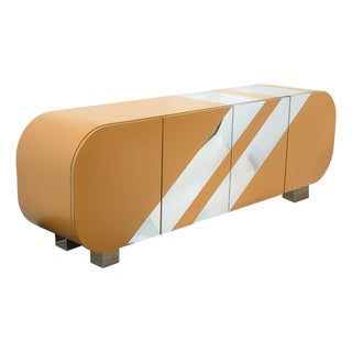 Custom Made Beige Laminate and Chrome Striped Credenza Sideboard For Sale