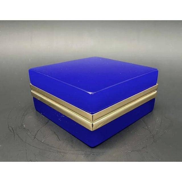 Blue Antique Square Box in Lapis Lazuli Colored Opaline Glass with Gilded Bronze Frames, 1890s For Sale - Image 8 of 13