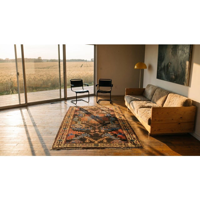 Late 19th Century 1870s Brown Large Scale Tribal Antique Persian Bakhtiari Rug 3'9" X 6'5 Handknotted Wool Carpet For Sale - Image 5 of 7