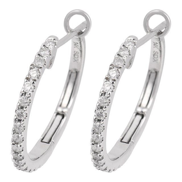 Vintage Diamond 14k White Gold Hoop Earrings, A Pair For Sale