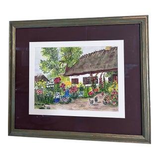 1980s Original Signed Watercolor of European Cottage Garden With Chickens For Sale