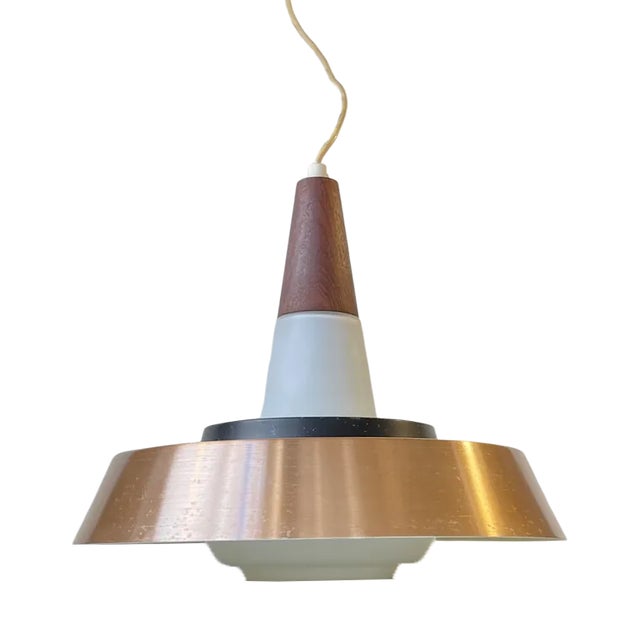 Mid-Century Pendant in Opaline Glass Teak and Copper from Voss, 1960s For Sale
