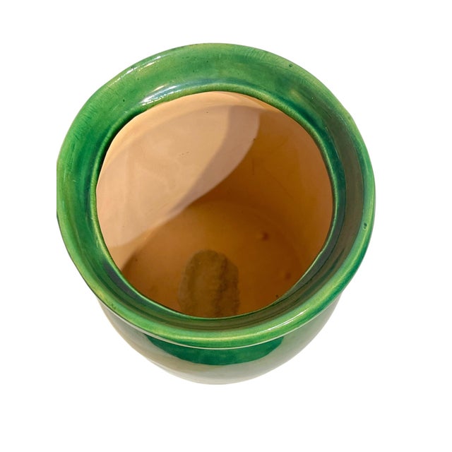 Vintage Green Hand Made Folk Art Glazed Terracotta Olive Jar For Sale - Image 4 of 9