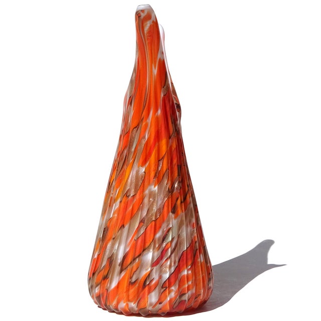 Mid 20th Century Murano Vintage Fratelli Toso Bright Orange Copper Aventurine Flecks Italian Art Glass Flared Rim Flower Vase For Sale - Image 5 of 10