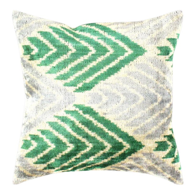 L.Green Turkish Hand Knotted Velvet Ikat Pillow For Sale
