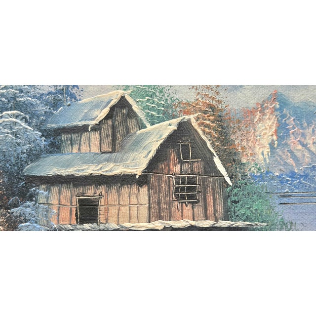 W Zeller Original Oil Painting Winter Snow Scene Forest Cabin Framed Art For Sale - Image 4 of 11