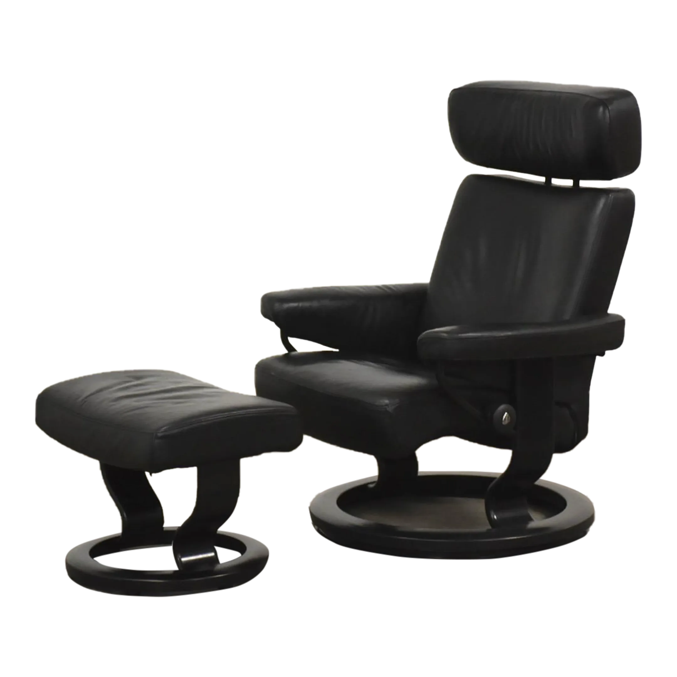 1960s Black Leather Ekornes Stressless Recliner and Ottoman | Chairish