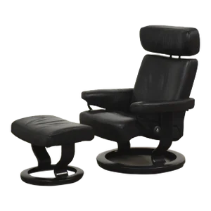 1960s Black Leather Ekornes Stressless Recliner and Ottoman