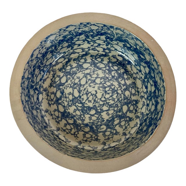 1996 Vintage Americana Folk Art Blue Sponge Wear Bowl, Artist Signed. For Sale