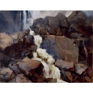 Attrition by Judd Mercer | Oil on panel of a waterfall cascading over rocky terrain For Sale