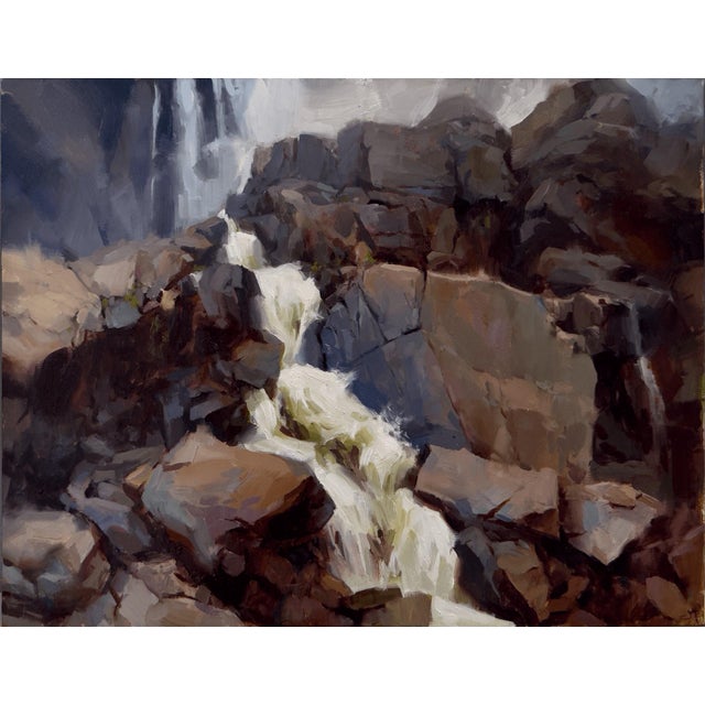 Attrition by Judd Mercer | Oil on panel of a waterfall cascading over rocky terrain For Sale