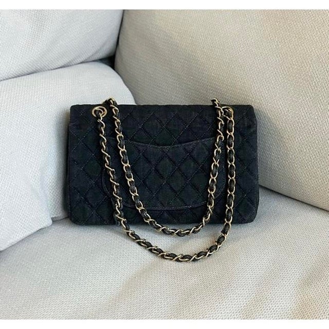 Chanel 1990s Chanel Vintage Black Denim Flap Bag For Sale - Image 4 of 10