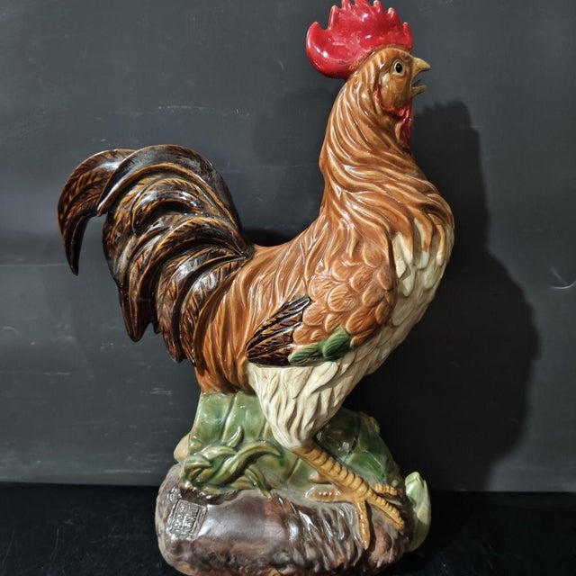 Ceramic Ceramic Rooster Figurine, Colorful Hand-Painted With Bamboo Base (Peace & Safety Symbol) For Sale - Image 7 of 7