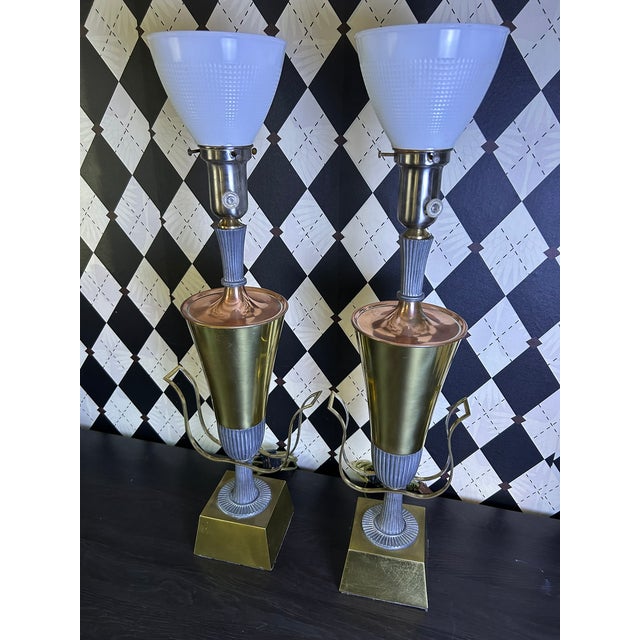 1960s 1960s Art Deco Tommi Parzinger Brass Copper Table Lamps Mixed-Metal Sculptural with Glass Shades - Pair For Sale - Image 5 of 9