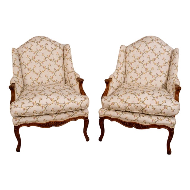 Pair Vintage French Louis XV Style Carved & Upholstered Bergere Chairs For Sale