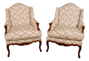 Pair Vintage French Louis XV Style Carved & Upholstered Bergere Chairs