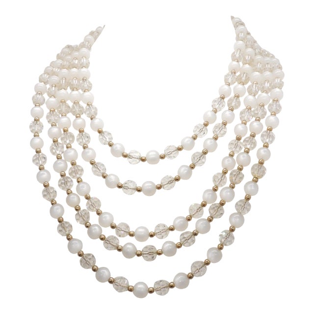 Vintage 1950s Signed Napier 5-Strand Faux-Moonstone & Glass Beaded Necklace For Sale