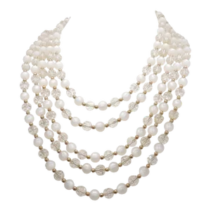 Vintage 1950s Signed Napier 5-Strand Faux-Moonstone & Glass Beaded Necklace