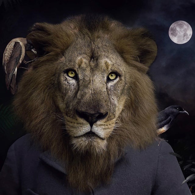 Guardian of the Forest presents a surreal figure adorned with a lion's head, standing amidst a lush backdrop of dark...