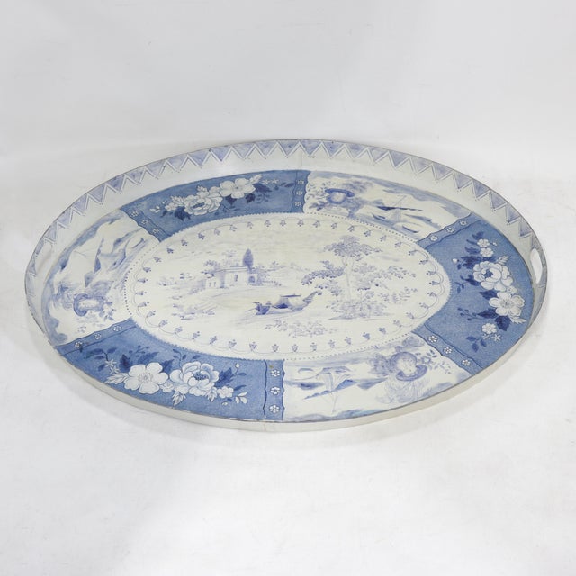Vintage Blue and White Tole Tray - Hand Painted Chinoiserie Landscape and Floral Oval Serving Tray For Sale - Image 10 of 16
