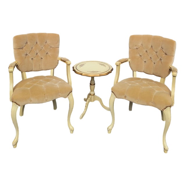 1960s Mid-Century Modern Conversation Set With 2 Tufted Arm Chairs and Painted Table For Sale