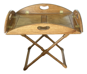 Vintage English Campaign-Style Butler’s Tray Table – Folding Faux Bamboo Base, Adjustable Height, Removable Serving Tray in Oak