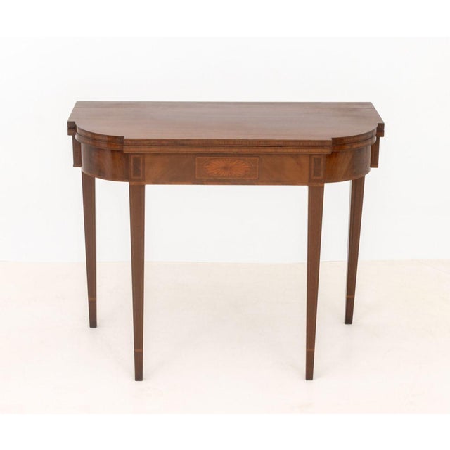 Federal Hepplewhite Flame Mahogany Card Table, circa 1790, in the style of William Fisk, with D-form fold-over top, line...
