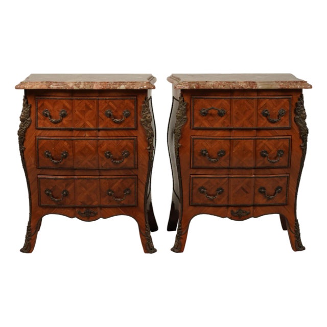 Pair of Red Marble-Top Parquetry Petite Commodes Nightstands For Sale