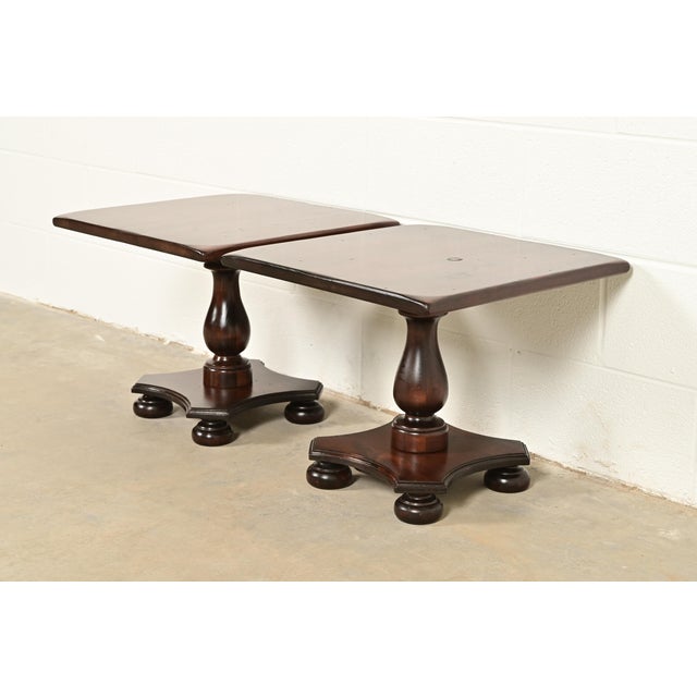 A gorgeous pair of Early American or Rustic European style solid pine pedestal side tables By Ethan Allen USA, Circa 1970s...