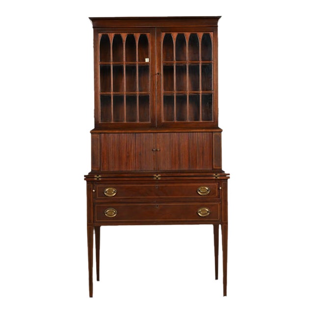 Baker Furniture Style Hepplewhite Mahogany Secretary Desk With Bookcase Hutch, Circa 1920s For Sale