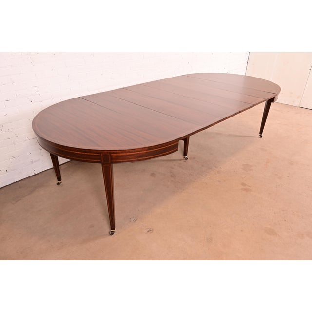 Baker Furniture Style Federal Inlaid Mahogany Extension Dining Table With Six Leaves, Newly Refinished For Sale - Image 10 of 16