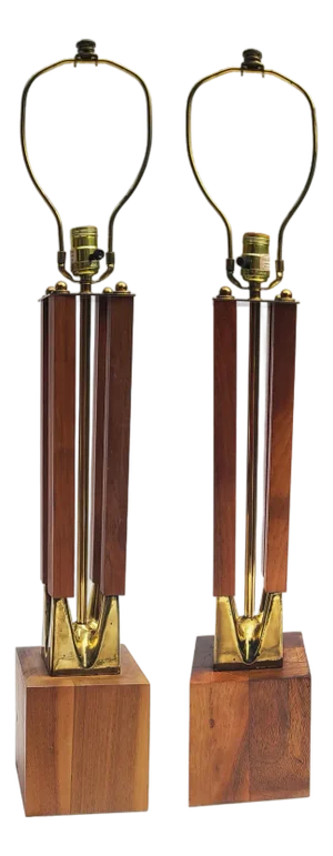 Pair of 1960s Solid Walnut & Brass Columnar Table Lamps From Laurel Lamp Company