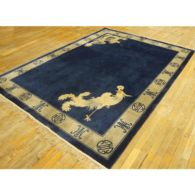Chinese 1980s Navy Open Field Vintage Chinese Silk Dragon & Phoenix Carpet Knotted Rug For Sale - Image 3 of 12