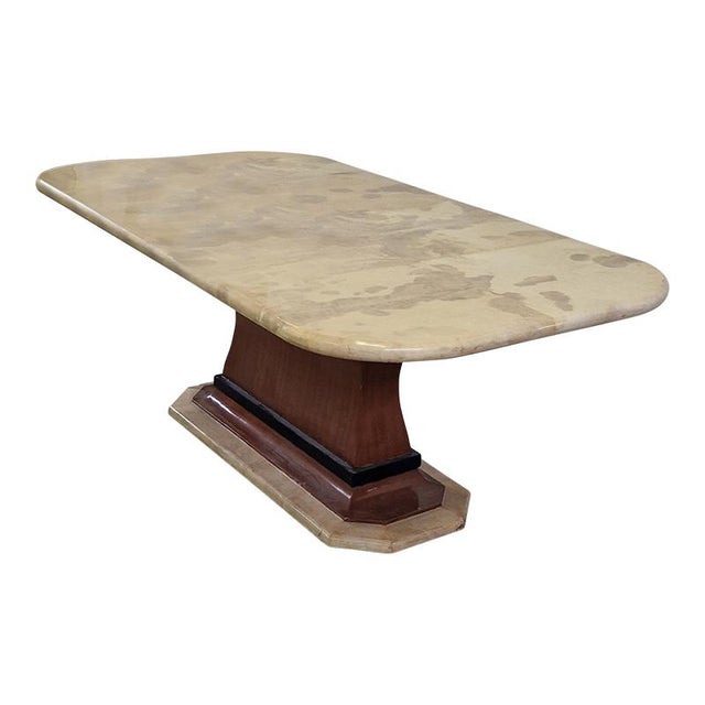 Rectangular table with rounded edges, natural parchment top and walnut base with parchment finishes and black lacquered...