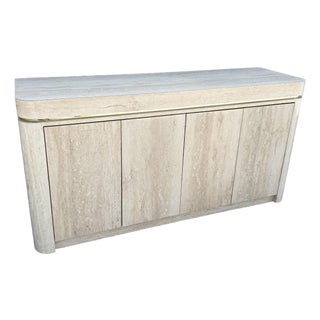 Postmodern Faux Travertine Laminate Credenza With Gold Accent For Sale