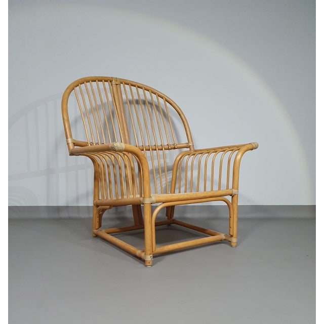 Wood Rattan Bamboo Lounge Chair with Cushions, 1970s For Sale - Image 7 of 18