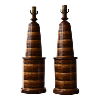 Vintage Large Scale Striped Parquetry Bottle Lamps, a Pair, Circa 1960s For Sale