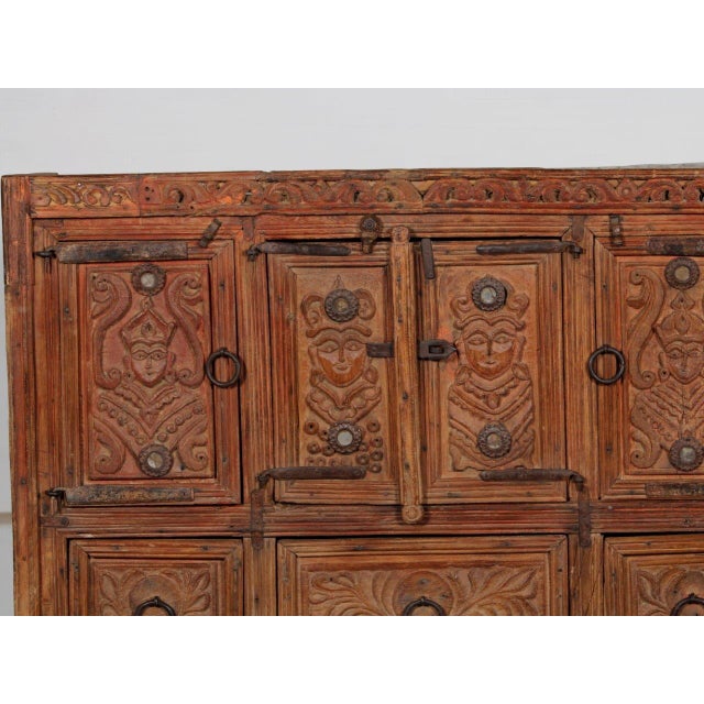 Antique Indian Teakwood Carved Damachiya, with 3 top openings, and 3 Drawers. In a beatiful color of teakwood, it features...
