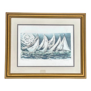 Original Vintage Hand Colored Etching of Sailboats in Water Signed Dugan For Sale