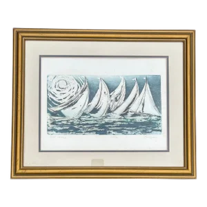 Original Vintage Hand Colored Etching of Sailboats in Water Signed Dugan